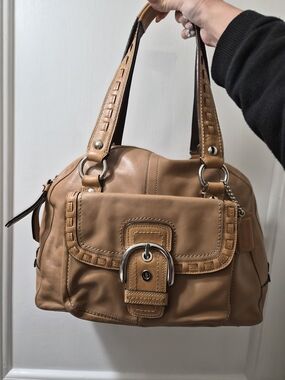 Coach Tan Leather Shoulder Bag with Buckle Detail